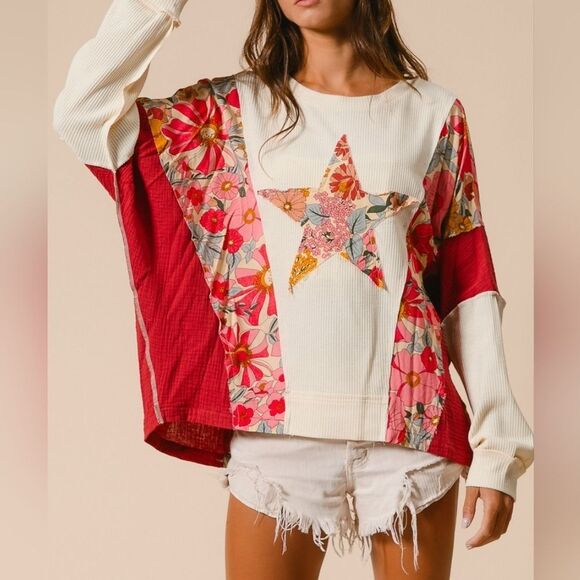 ◇ BiBi Graphic Star Patch Baggy Shirt ColorBlock Detail - Picture 3 of 15